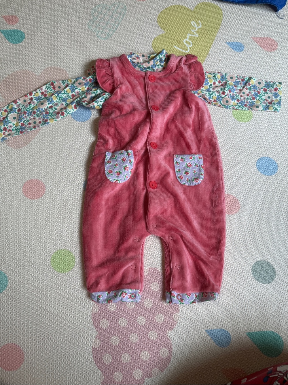 Baby Boden Pink Corduroy Romper with Floral Trim